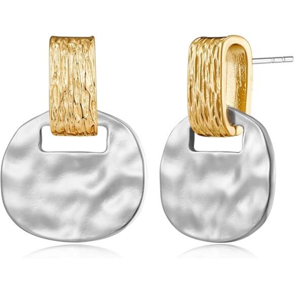 🌿 Two-Tone Hammered Drop Earrings | Elegant Brass Dangle Jewelry 🌿 - Picture 2 of 5